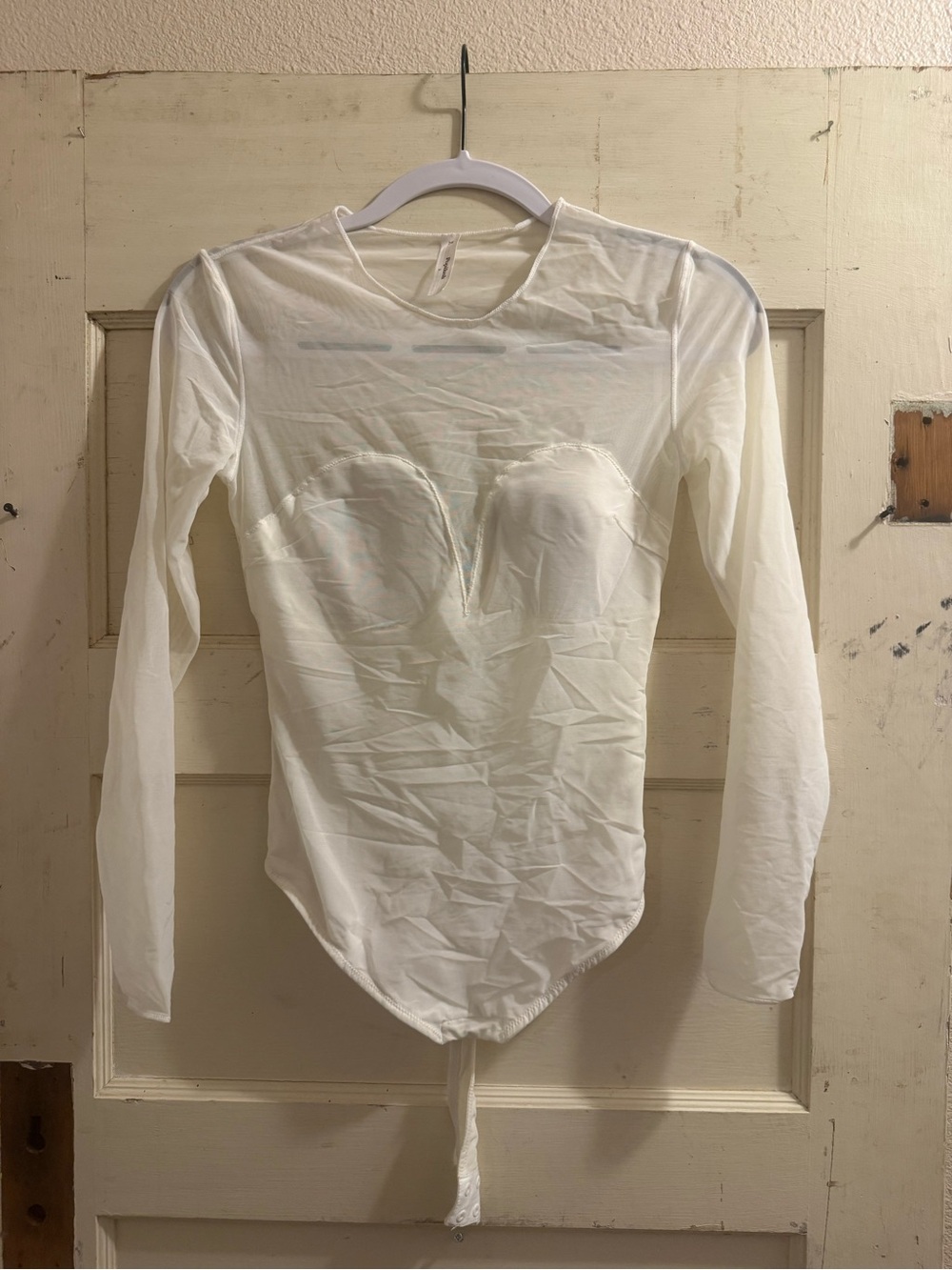 Popilush White Sheer Mesh Bustier Bodysuit Long Sleeve S